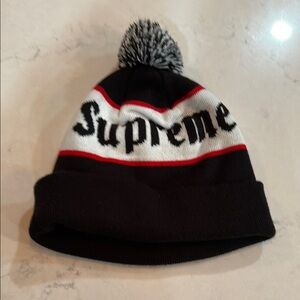 Supreme Black and White Beanie with Red
